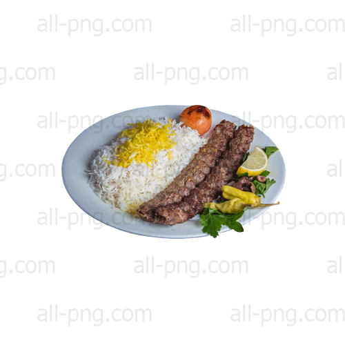 Preview of a free PNG image featuring delicious Iranian Kabob Koobideh with saffron rice on a white plate.