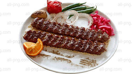 kebab-koobideh-plate-preview Two Kabab Koobideh served on a plate with rice, grilled tomatoes, onions, peppers, and pickles, free PNG download for creative projects.