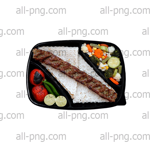 Free kebab kubideh PNG download – grilled kebab on black plate with bread, herbs, and roasted tomato