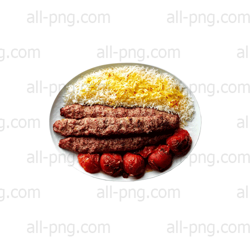 Preview of a serving of Koobideh Kebab with saffron rice and grilled tomato on a plate