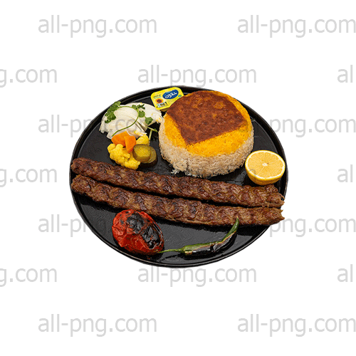 Preview of a free PNG image of Iranian Kabob Koobideh with saffron rice.