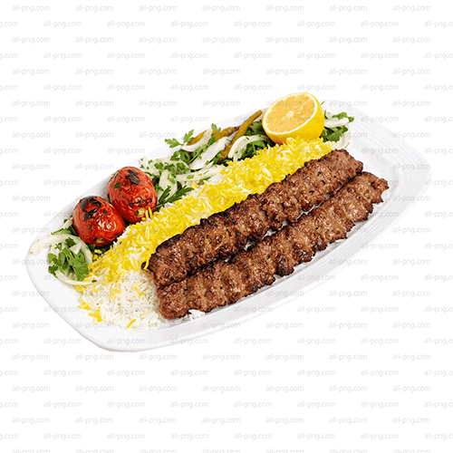 Transparent PNG of koobideh kebab with saffron rice and grilled tomato