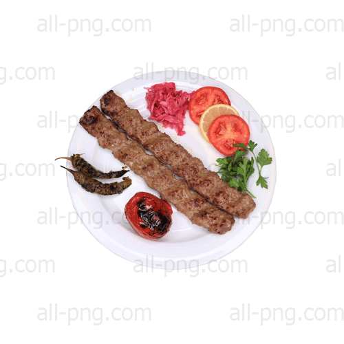 Preview - Complete Persian Koobideh Kebab Meal Preview of a complete Persian meal with two Koobideh kebabs, rice, grilled tomato, and fresh herbs on a plate