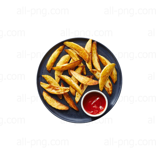 Preview of crispy french fries with red dipping sauce on black plate PNG image