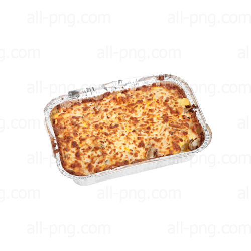 Preview of loaded fries with mushrooms and cheese in aluminum container PNG image
