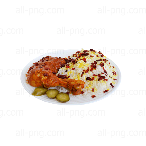 Preview of Persian Zereshk Polo Ba Morgh with saffron chicken and pickled cucumbers.